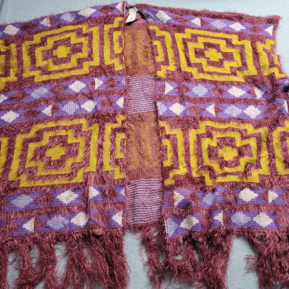 Free People Fuzzy Geometric Southwestern Fringe Poncho Wrap Purple Mustard OS
